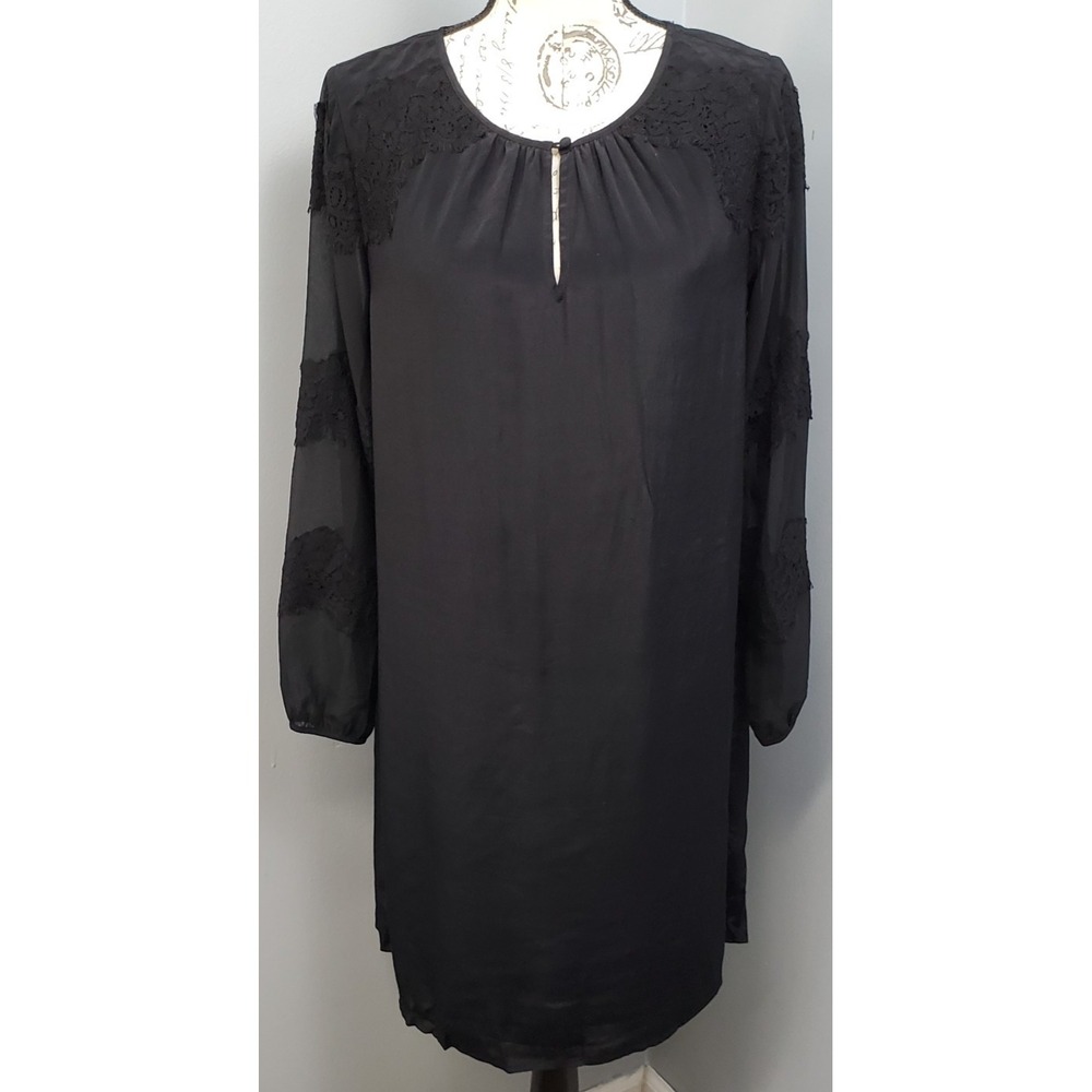 Boden Shift Dress Womens 10R Black Lace Trim Sheer Sleeves Keyhole Neck Party
